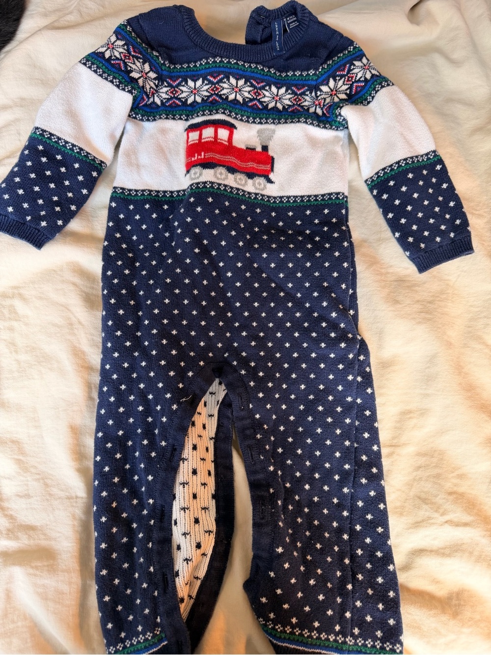 Janie and Jack Navy, White & Red Train Knit One-Piece Footie